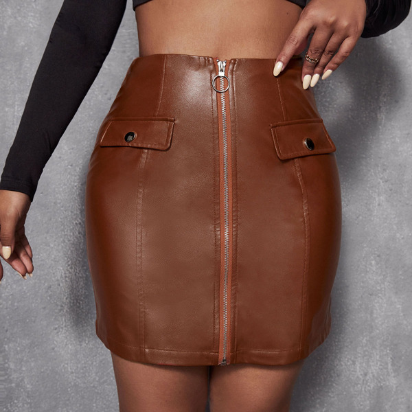 

Zip Up PU Leather Skirt, Rust brown
