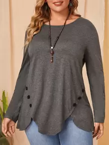 EMERY ROSE Áo thun Plus size Bất đối xứng Nút màu trơn Giải trí - Màu xám đen - Xem 1