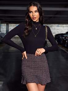 Falda tweed de cuadros bajo con fruncido - Multicolor - Ver 3