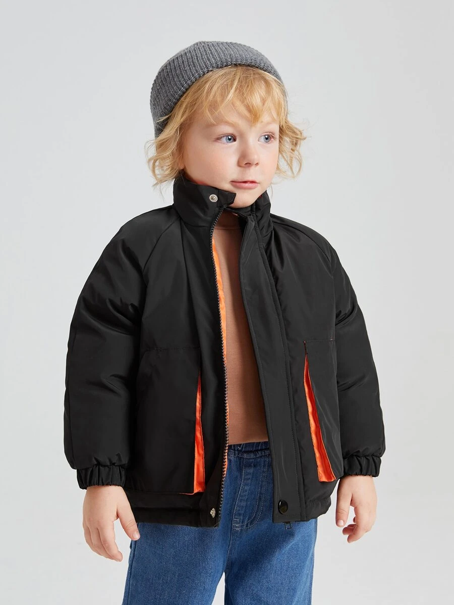 SHEIN Young Boy Contrast Panel Slant Pockets Raglan Sleeve Padded Coat - Black - View 1