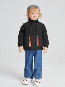 SHEIN Young Boy Contrast Panel Slant Pockets Raglan Sleeve Padded Coat - Black - View 3