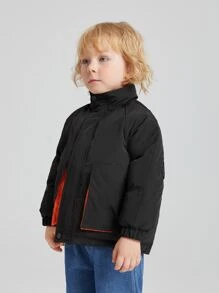 SHEIN Young Boy Contrast Panel Slant Pockets Raglan Sleeve Padded Coat - Black - View 4