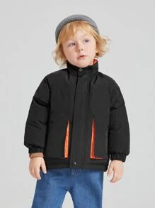 SHEIN Young Boy Contrast Panel Slant Pockets Raglan Sleeve Padded Coat - Black - View 6
