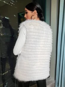 SHEIN SXY Open Front Sleeveless Fuzzy Coat - Beige - View 2