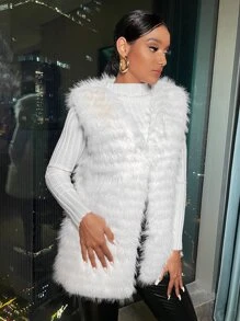 SHEIN SXY Open Front Sleeveless Fuzzy Coat - Beige - View 4