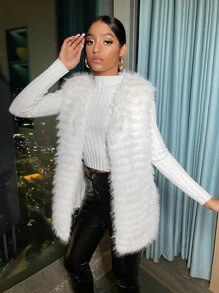 SHEIN SXY Open Front Sleeveless Fuzzy Coat - Beige - View 5