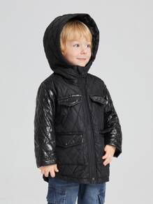 SHEIN 小男童翻蓋口袋連帽幾何格紋絎縫外套