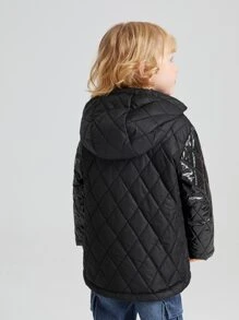 SHEIN 小男童翻蓋口袋連帽幾何格紋絎縫外套