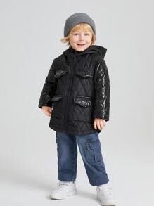 SHEIN 小男童翻蓋口袋連帽幾何格紋絎縫外套