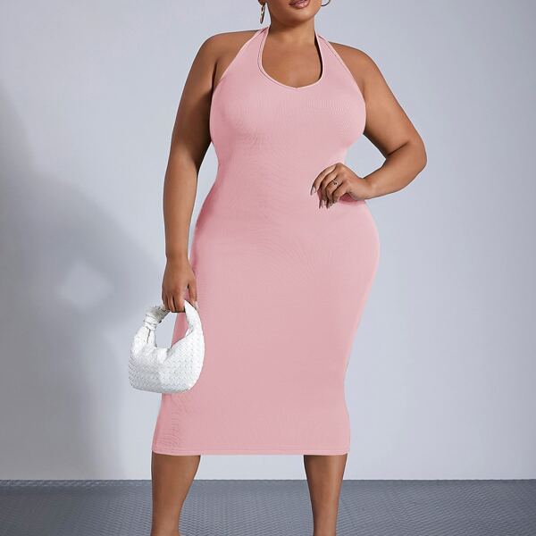 

Plus Solid Backless Halterneck Ribbed Knit Bodycon Dress, Baby pink