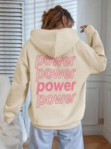 SHEIN Unity 字母圖案落肩袖加絨內裏連帽衫 - 杏色 - 查看 1