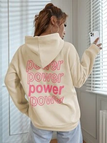 SHEIN Unity 字母圖案落肩袖加絨內裏連帽衫 - 杏色 - 查看 2