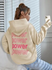 SHEIN Unity 字母圖案落肩袖加絨內裏連帽衫 - 杏色 - 查看 4