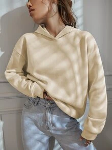 SHEIN Unity 字母圖案落肩袖加絨內裏連帽衫 - 杏色 - 查看 5