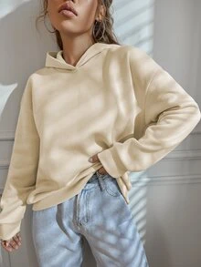 SHEIN Unity 字母圖案落肩袖加絨內裏連帽衫 - 杏色 - 查看 6