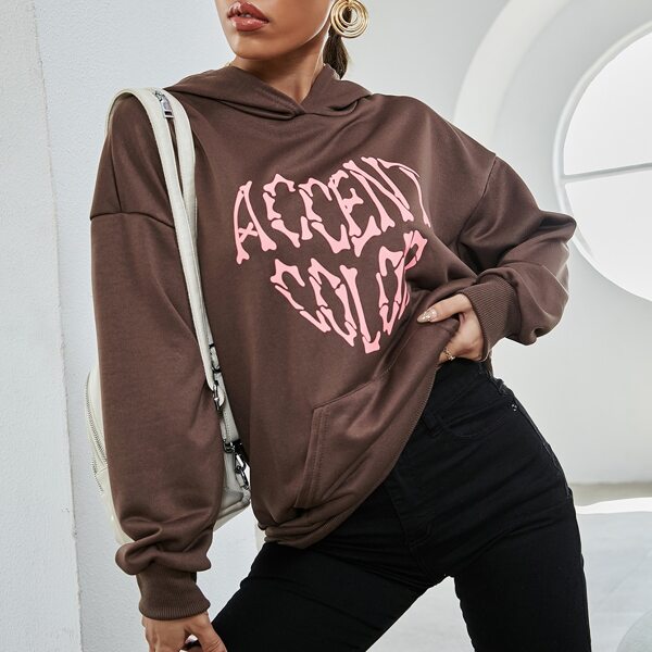 

Letter Graphic Hooded Sweatshirt, Coffee brown