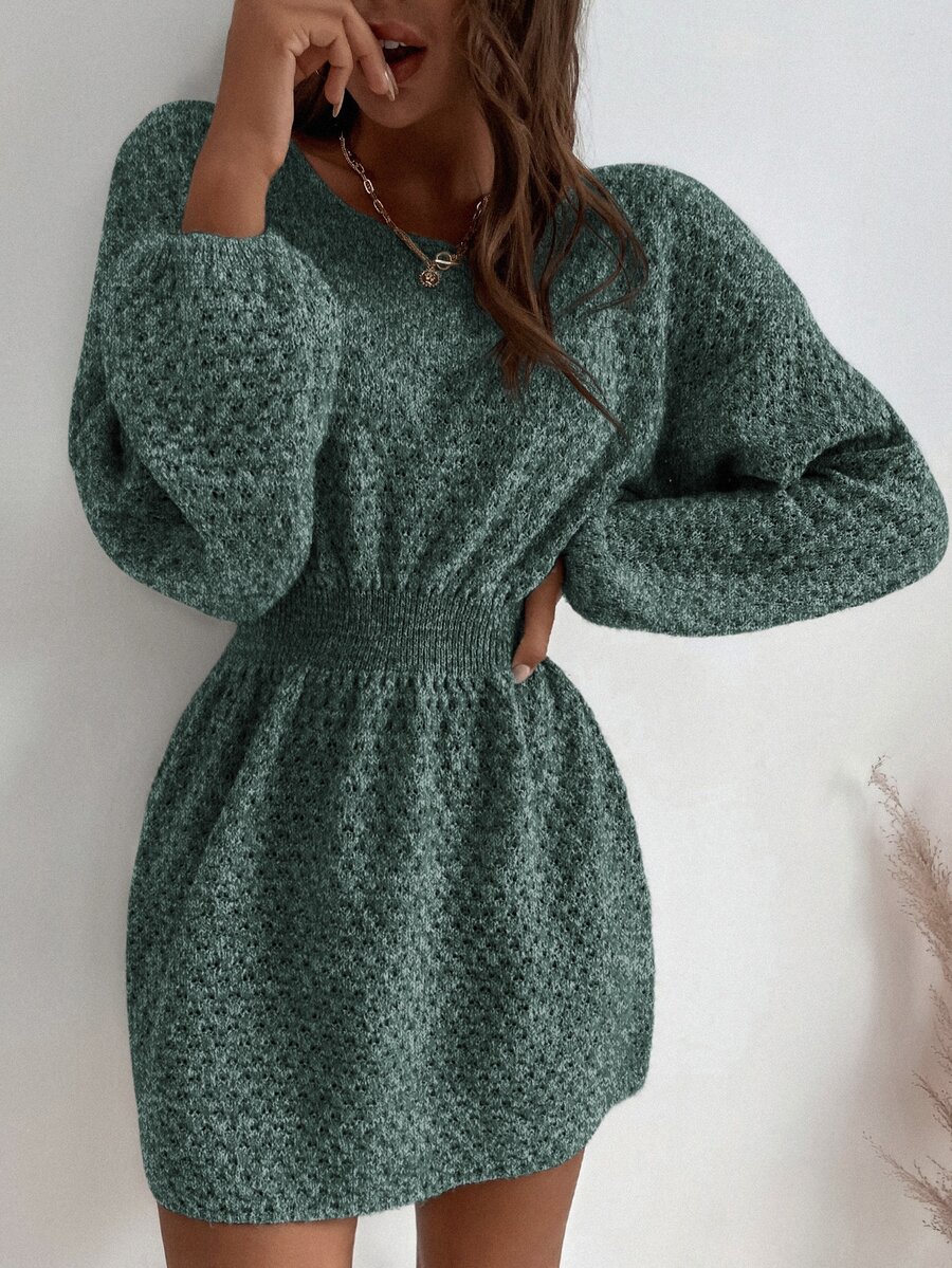 SHEIN LUNE 蝙蝠袖束腰毛衣裙 - 墨綠色 - 查看 1