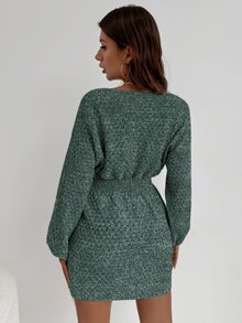 SHEIN LUNE 蝙蝠袖束腰毛衣裙 - 墨綠色 - 查看 2