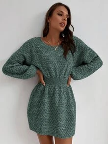 SHEIN LUNE 蝙蝠袖束腰毛衣裙 - 墨綠色 - 查看 3