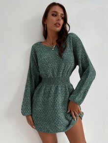SHEIN LUNE 蝙蝠袖束腰毛衣裙 - 墨綠色 - 查看 4