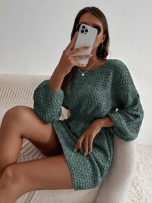 SHEIN LUNE 蝙蝠袖束腰毛衣裙 - 墨綠色 - 查看 5