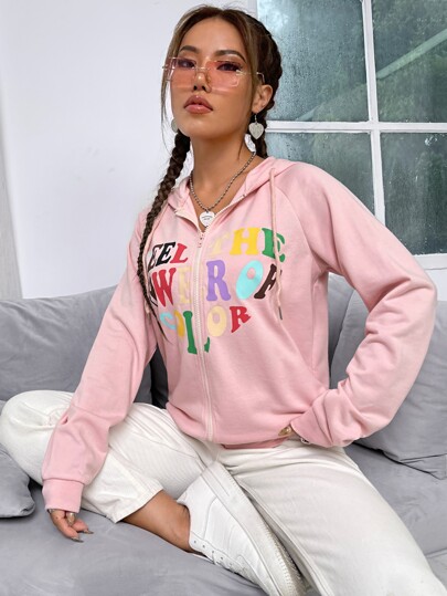 Raglan Sleeve Letter Pattern Drawstring Zipper Up Placket Hooded Sweatshirt