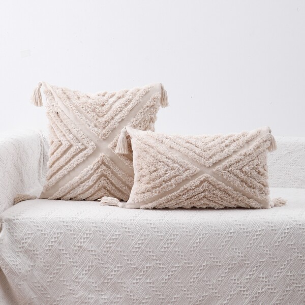 

1pc Tufted Tassel Decor Cushion Cover Without Filler, Beige