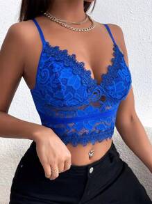 SHEIN Allurite Guipure Lace Crop Cami Top - Blue - View 5