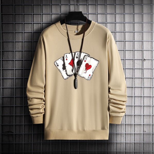 

Men Playing Card Print Pullover, Khaki