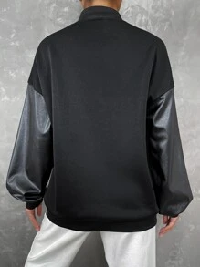SHEIN Unity Letter Patched PU Leather Panel Drop Shoulder Varsity Jacket - Black - View 2