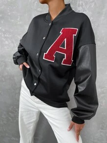 SHEIN Unity Letter Patched PU Leather Panel Drop Shoulder Varsity Jacket - Black - View 4
