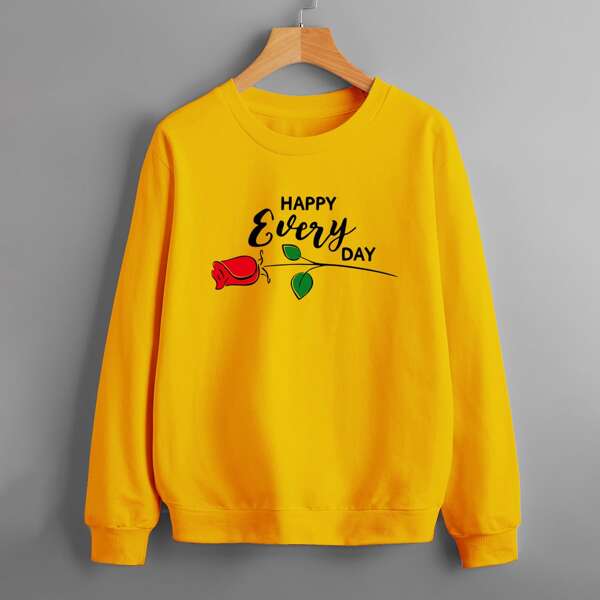 

Floral & Slogan Print Round Neck Sweatshirt, Mustard yellow