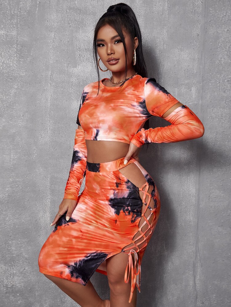 Tie Dye Cut Out Crop Tee & Lace Up Side Skirt - Multicolor - View 1