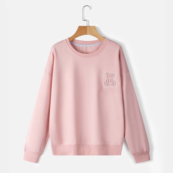

Cartoon Bear Pattern Drop Shoulder Sweatshirt, Baby pink