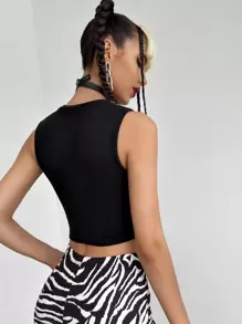 ROMWE PUNK Áo hai dây Cắt ra Gân đan màu trơn Giải trí - màu đen - Xem 2