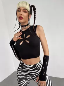 ROMWE PUNK Áo hai dây Cắt ra Gân đan màu trơn Giải trí - màu đen - Xem 3