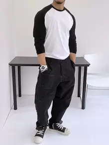 Manfinity Homme 男士撞色插肩袖T恤 - 黑與白 - 查看 4