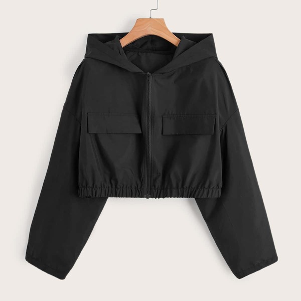 

Zip Up Drop Shoulder Hooded Jacket, Black