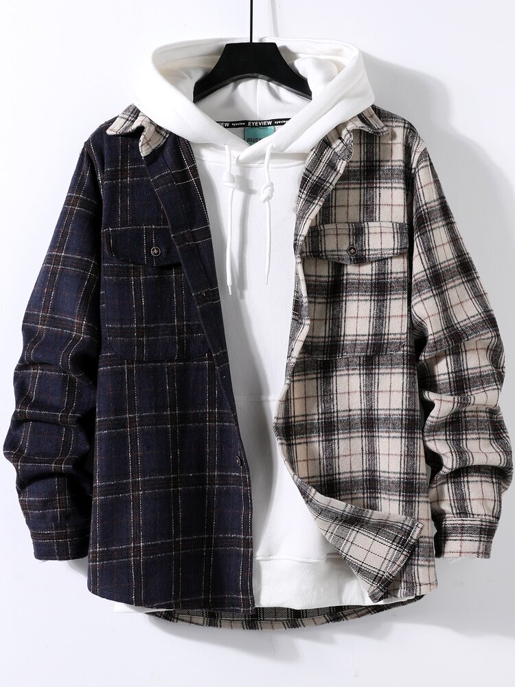 Manfinity Homme Manteau à carreaux à blocs de couleurs poche à rabat sans sweat-shirt à capuche - Multicolore - Voir 1