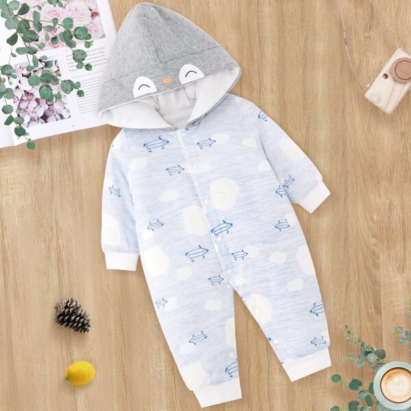 

Baby Cartoon Graphic Color Block Hooded Jumpsuit, Baby blue