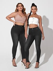 Curvy Raw Hem Skinny Jeans - Black - View 2