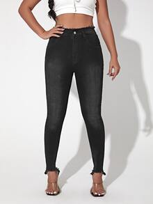 Curvy Raw Hem Skinny Jeans - Black - View 3