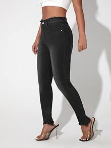 Curvy Raw Hem Skinny Jeans - Black - View 4