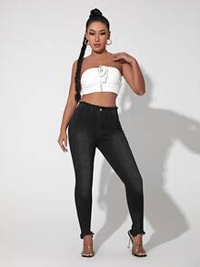 Curvy Raw Hem Skinny Jeans - Black - View 5
