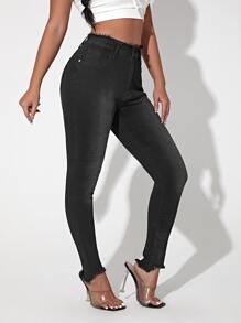 Curvy Raw Hem Skinny Jeans - Black - View 1