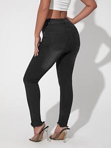 Curvy Raw Hem Skinny Jeans - Black - View 6