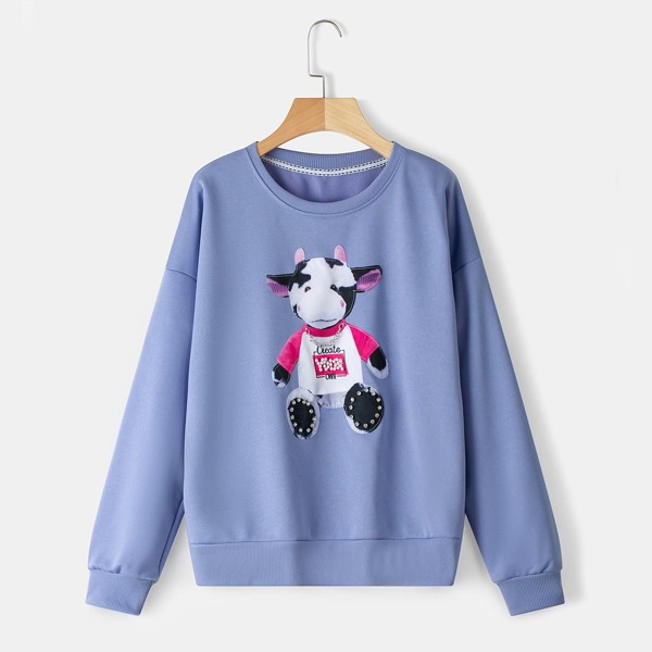 

Cow Print Chain Rhinestone Detail Pearl Beaded Drop Shoulder Pullover, Violet purple