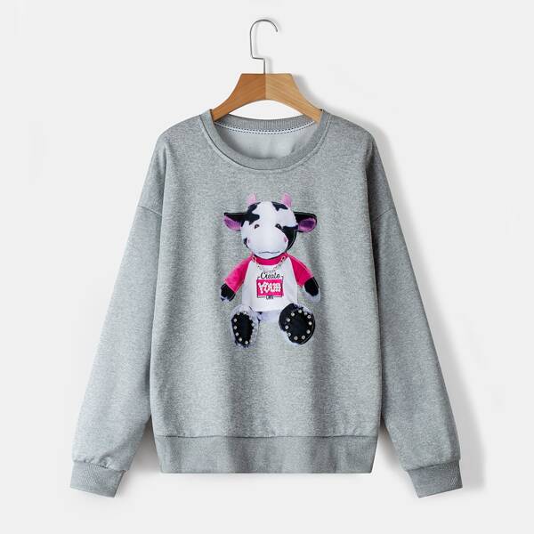 

Cow Print Chain Rhinestone Detail Pearl Beaded Drop Shoulder Pullover, Grey