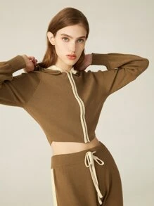 SHEIN Hooded Contrast Binding Crop Cardigan - Camel - View 1