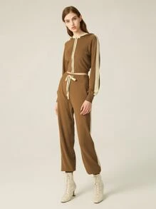 SHEIN Hooded Contrast Binding Crop Cardigan - Camel - View 4